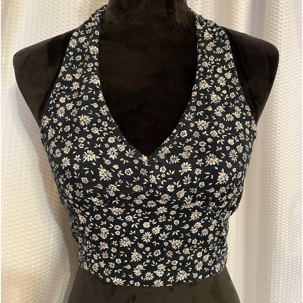 American Eagle Dark Blue Floral Print Sleeveless Halter Top Size XS